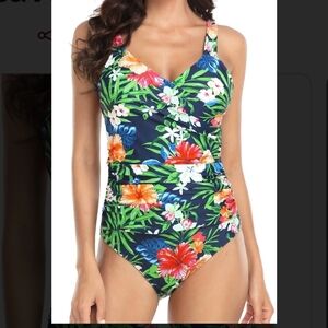 Clwerk Women's Plus Size One Piece Bathing Suit Vintage Green Leaves Size 16W